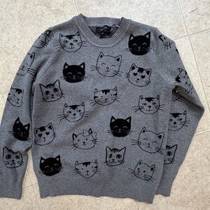 Women’s Gray Cat-Print Crewneck Sweater